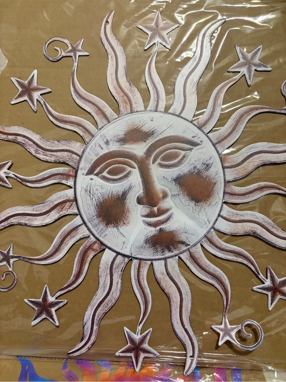 Sun Face Metal Wall Decor in White and Brown - Rustic Home Accent New 12’12inchs